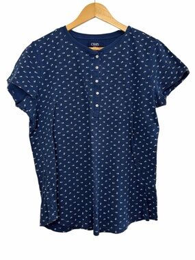 Chaps Blue Floral Dot Henley Tee Cotton Short Sleeve Top Size XL